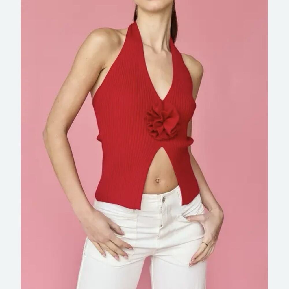 Y2K S Red Halterneck Top Rose Party Sexy Top Vacation Europe Ribbed Knit Rosette